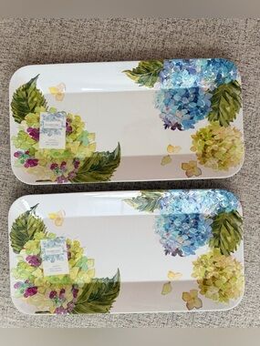 Set of 2 Shabby Chic Hydrangea Melamine Serving Trays Floral Rectangular 16”x11”